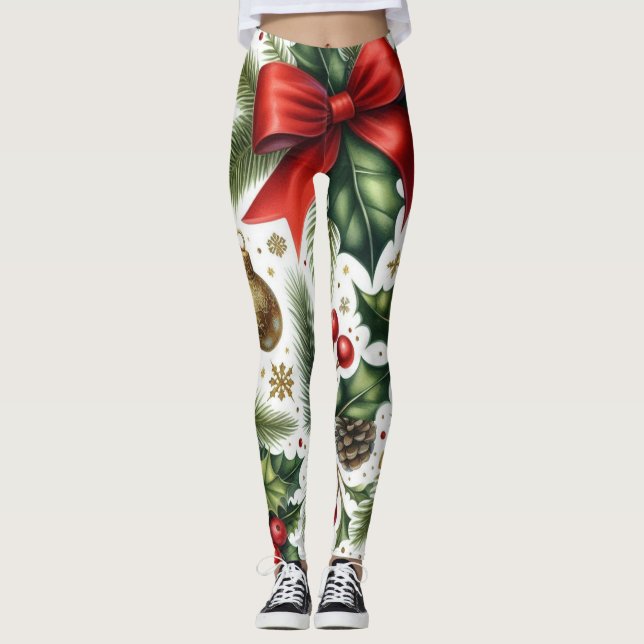Leggings Motif de Noël à arc rouge sur fond blanc  (Devant)