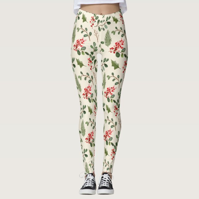 Leggings Motif de Noël Holiday Green Holly Red Berry  (Devant)