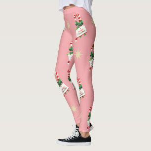 Leggings Motif de Noël Vintage, Sucres de canne avec rose