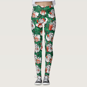 Leggings motif de Noël Vintage Vert des années 50 avec chat