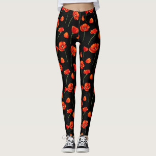 Leggings motif de pavot noir
