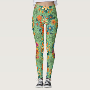 Leggings Motif de pots de fleurs multicolores. Fond vert L