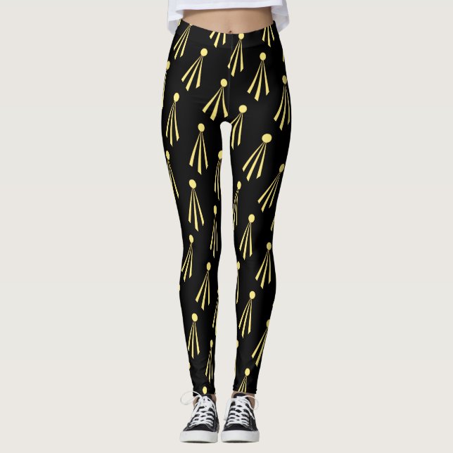 Leggings Motif de rayons Sun Jaune sur noir (Devant)
