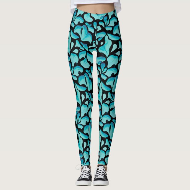 Leggings Motif de répétition feuille bleue (Devant)