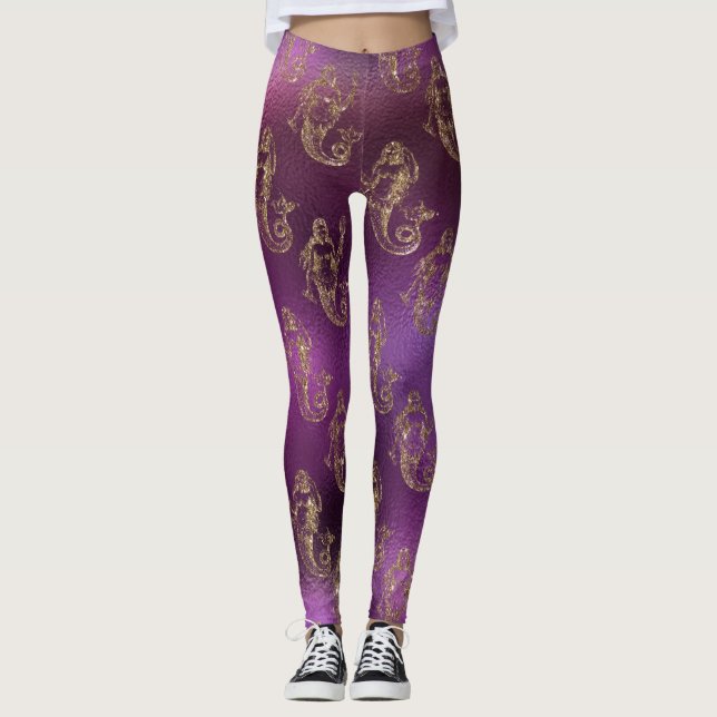 Leggings Motif De Sirène Purple Et Or (Devant)