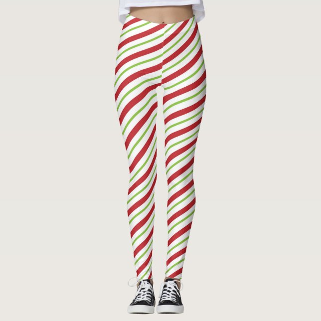 Leggings Motif De Sucre de canne Diagonal Rouge Et Vert (Devant)