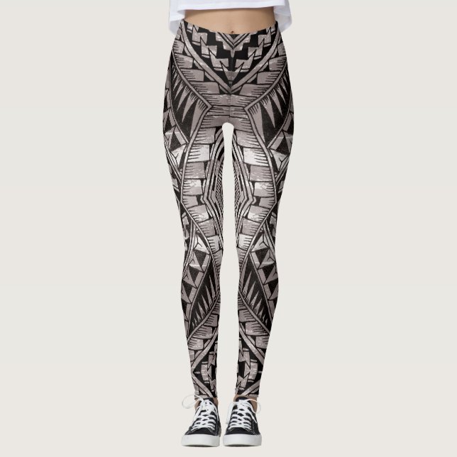 Leggings Motif de tatouage Tribal Noir et Blanc Moderne (Devant)