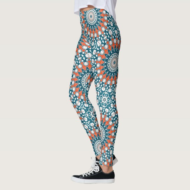 Leggings Motif de totem géométrique Mandala Turquoise orang (Gauche)