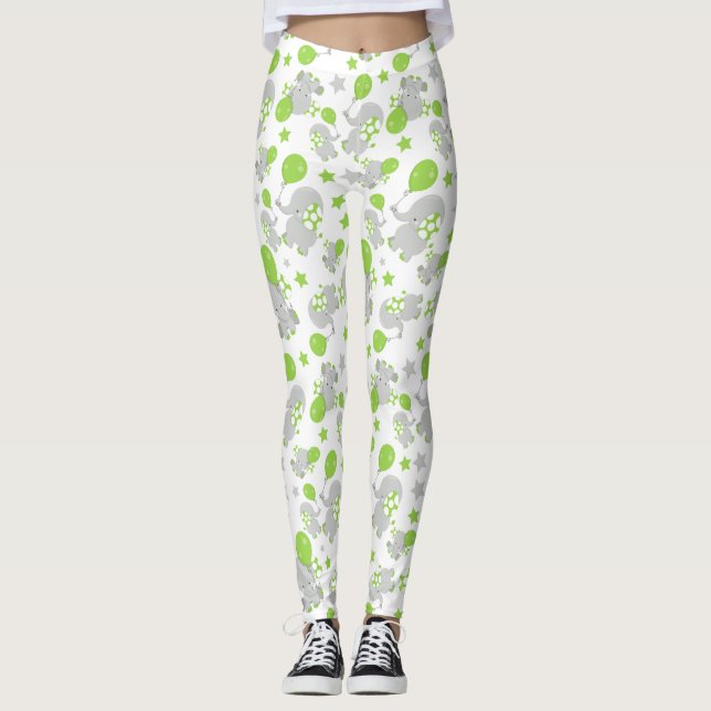 Leggings Motif Des Eléphants, Eléphants Mignons - Grey Vert (Devant)