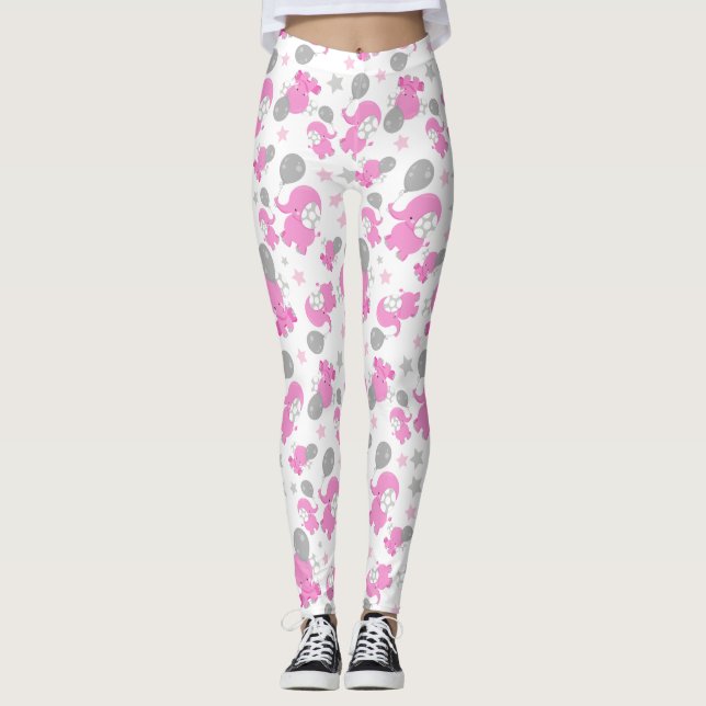 Leggings Motif Des Eléphants Roses, Eléphants Mignons, Étoi (Devant)