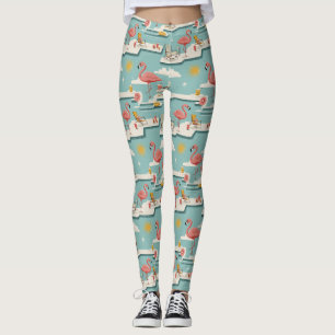 Leggings Motif d'été au bord de la piscine rétro flamant ro