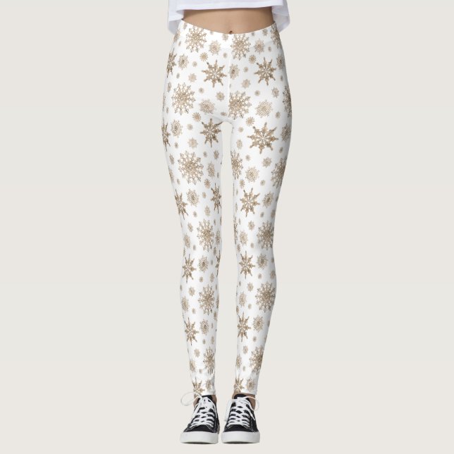 Leggings Motif d'hiver jaune or sur blanc (Devant)