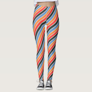 Leggings motif diagonale orange, bleu ciel et rouge rayures