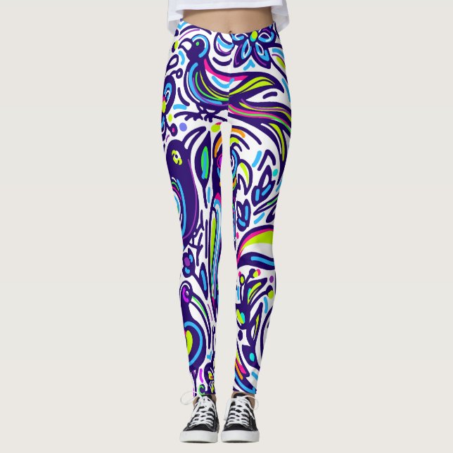 Leggings Motif d'oiseau boho élégant bleu et blanc  (Devant)