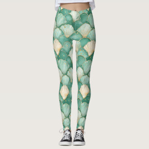 Leggings Motif d'onde Gold Sea Shell dans Aqua Turquoise