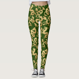 Leggings Motif Dragons Dorés D Fond Vert