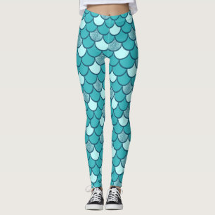 Leggings Motif Écailles de Sirène Turquoise avec Paillettes