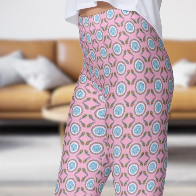 Leggings Motif élégant Peacock Rose plumes (Peacock over Light Pink with Feathers Leggings)