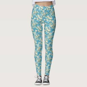 Leggings Motif en fleurs de prune bleu et blanc
