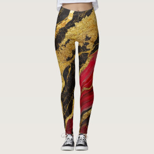 Leggings Motif en marbre noir rouge avec or