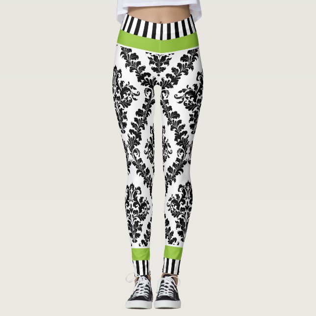 Leggings Motif et rayures damassé blanc vert et noir (Devant)