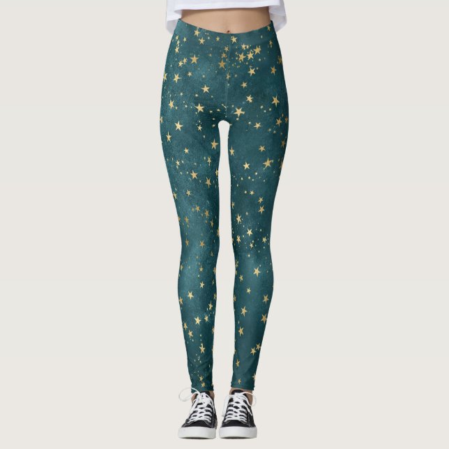 Leggings Motif étoile céleste de nuit profonde turquoise (Devant)