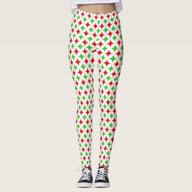 Leggings Motif étoile diamant vert et rouge sur fond blanc (Devant)