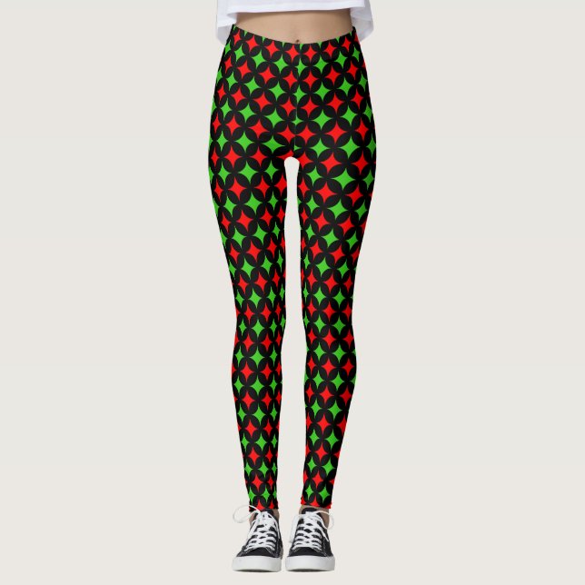 Leggings Motif étoile diamant vert et rouge sur noir (Devant)