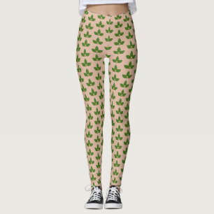 Leggings Motif Feuille moderne Green Laurel sur le beige