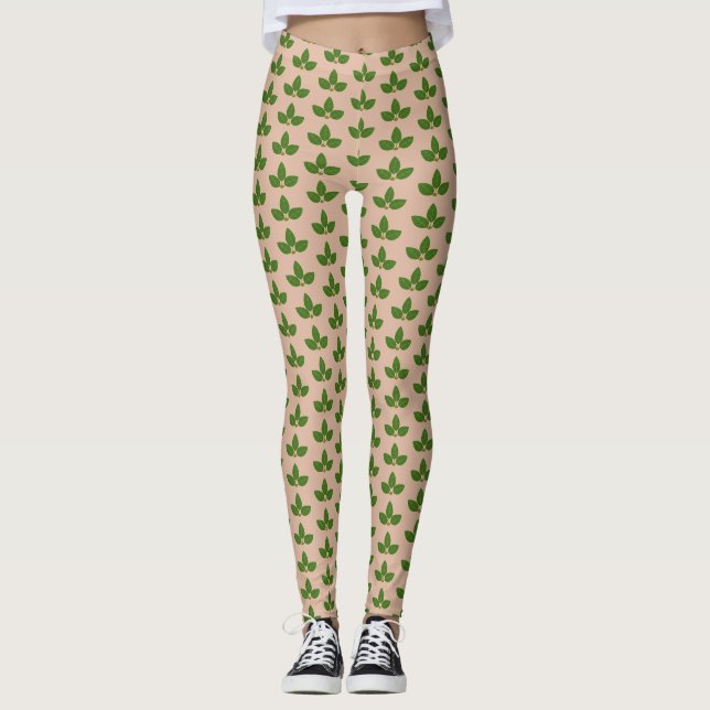 Leggings Motif Feuille moderne Green Laurel sur le beige (Devant)