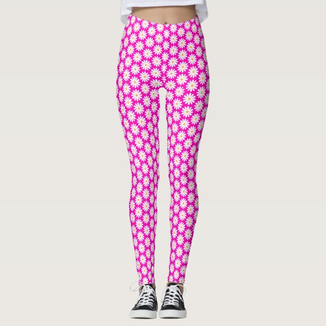 Leggings Motif Fleur de marguerite rose et blanc (Devant)