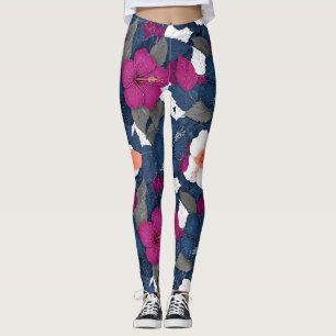 Leggings Motif floral à l'hibiscus bleu élégant (2)