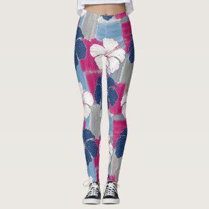 Leggings Motif floral à l'hibiscus bleu élégant (5)