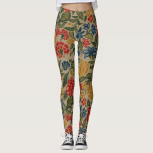 Leggings Motif floral au point de crewel rouge et or vintag
