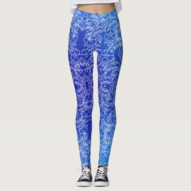 Leggings Motif Floral blanc imprimé sur bleu (Devant)