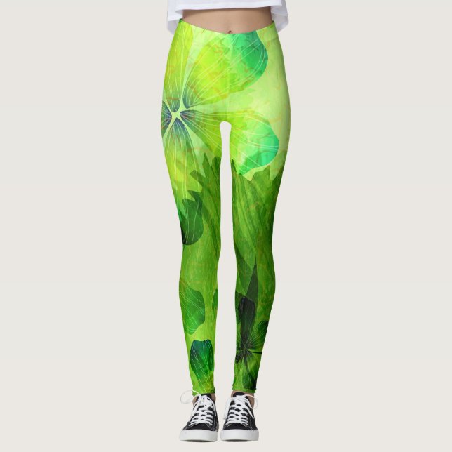 Leggings Motif floral d'aquarelle verte (Devant)