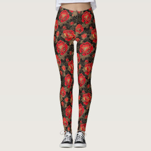 Leggings Motif floral de pivoine dorée rouge asiatique
