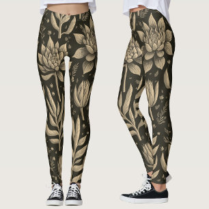 Leggings Motif floral de succulentes bohème monochrome élég