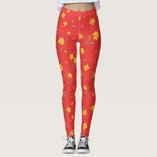 Leggings Motif floral jaune sur rouge