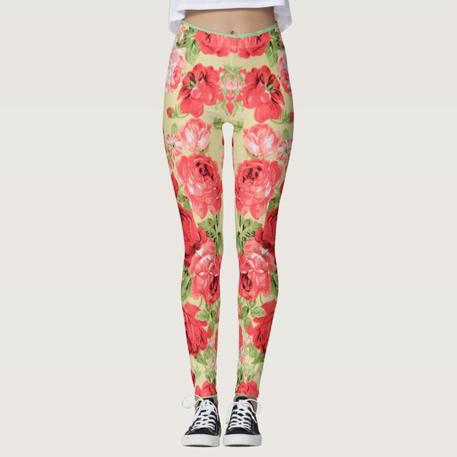 Leggings motif floral rose et feuille (Devant)
