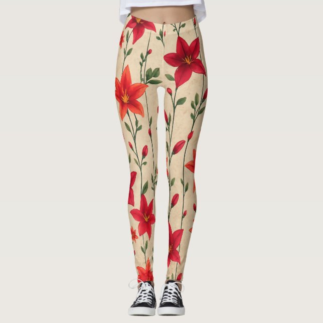Leggings Motif floral rouge et orange (Devant)