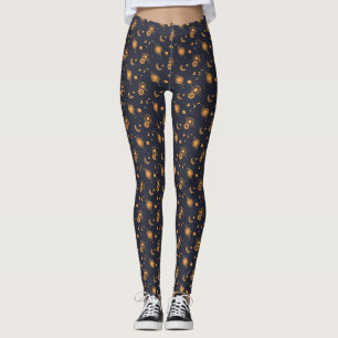 Leggings Motif galactique de soleil lunaire noir doré céles