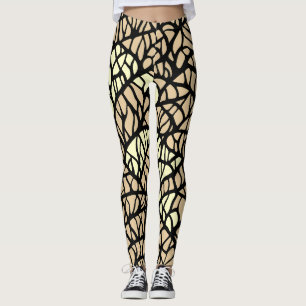 Leggings Motif géométrique abstrait beige et lignes noires 