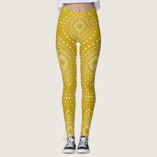Leggings Motif géométrique ethnique : jaune doré, blanc