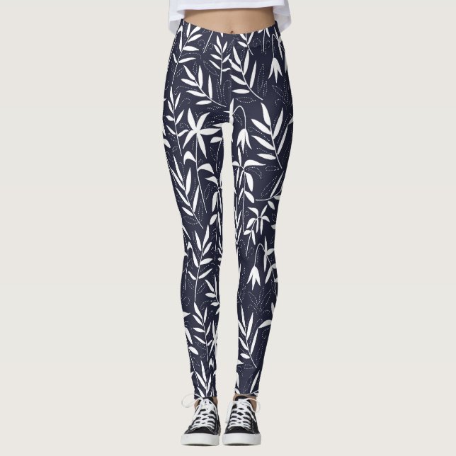 Leggings Motif japonais feuille en bambou blanc et bleu mar (Devant)