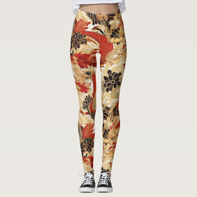Leggings Motif japonais style tatouage de style dragon (Devant)