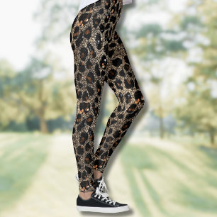 Leggings Motif Léopard Brun Noir Or Paillettes Luxe