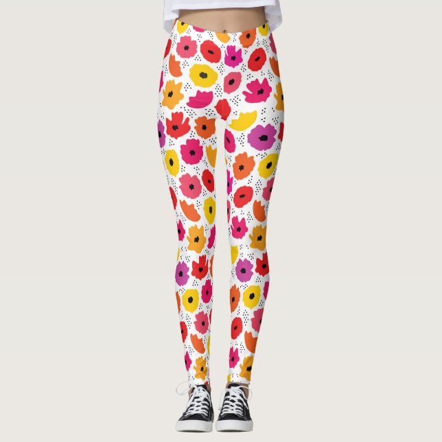 Leggings Motif moderne Pavot Rose Rouge Orange Floral Point (Devant)