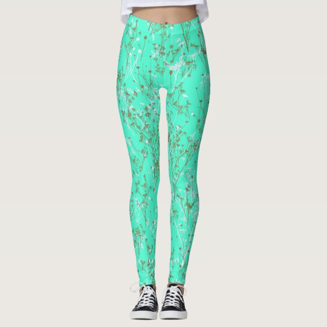 Leggings Motif moderne tendance Aqua Blue Fleur sauvage (Devant)