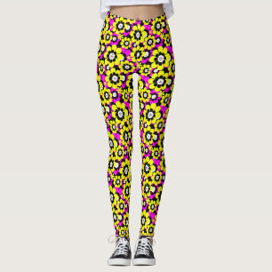 Leggings Motif néon floral lumineux cramoisi et flux jaune